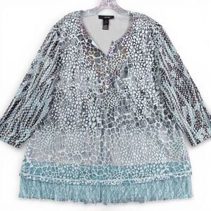 Ali Miles Womens XL Blue Gray Print Layered Tunic Top Lace Hem Lagenlook Art